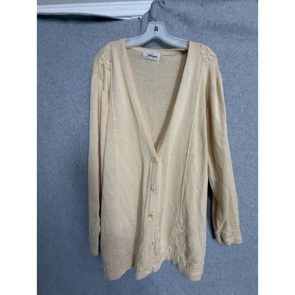 Worthington Cardigan Sweater Womens L Beige Embroidered Floral Button Front Knit